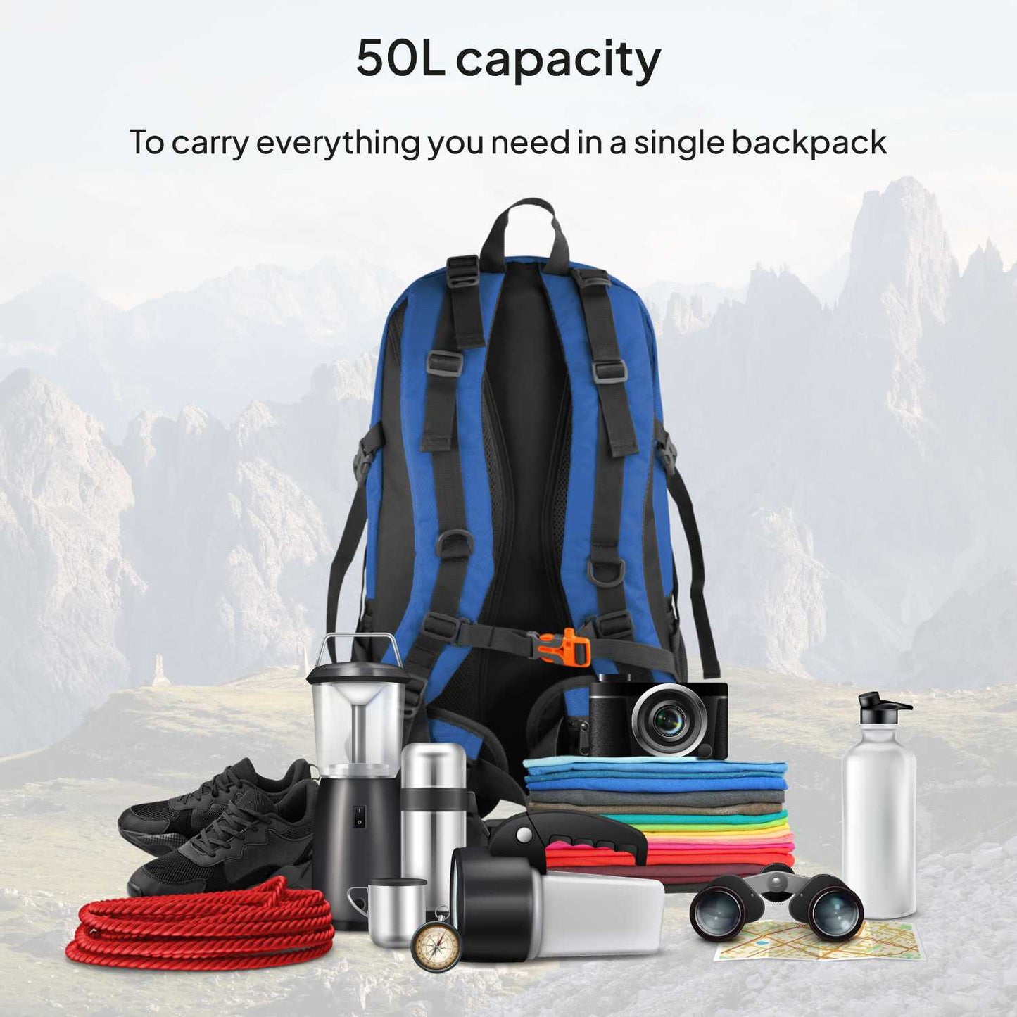 Mochila de Senderismo, 50 Litros, Impermeable y Ligera, Color Azul, Múltiples Bolsillos, ideal para Viaje, Montaña