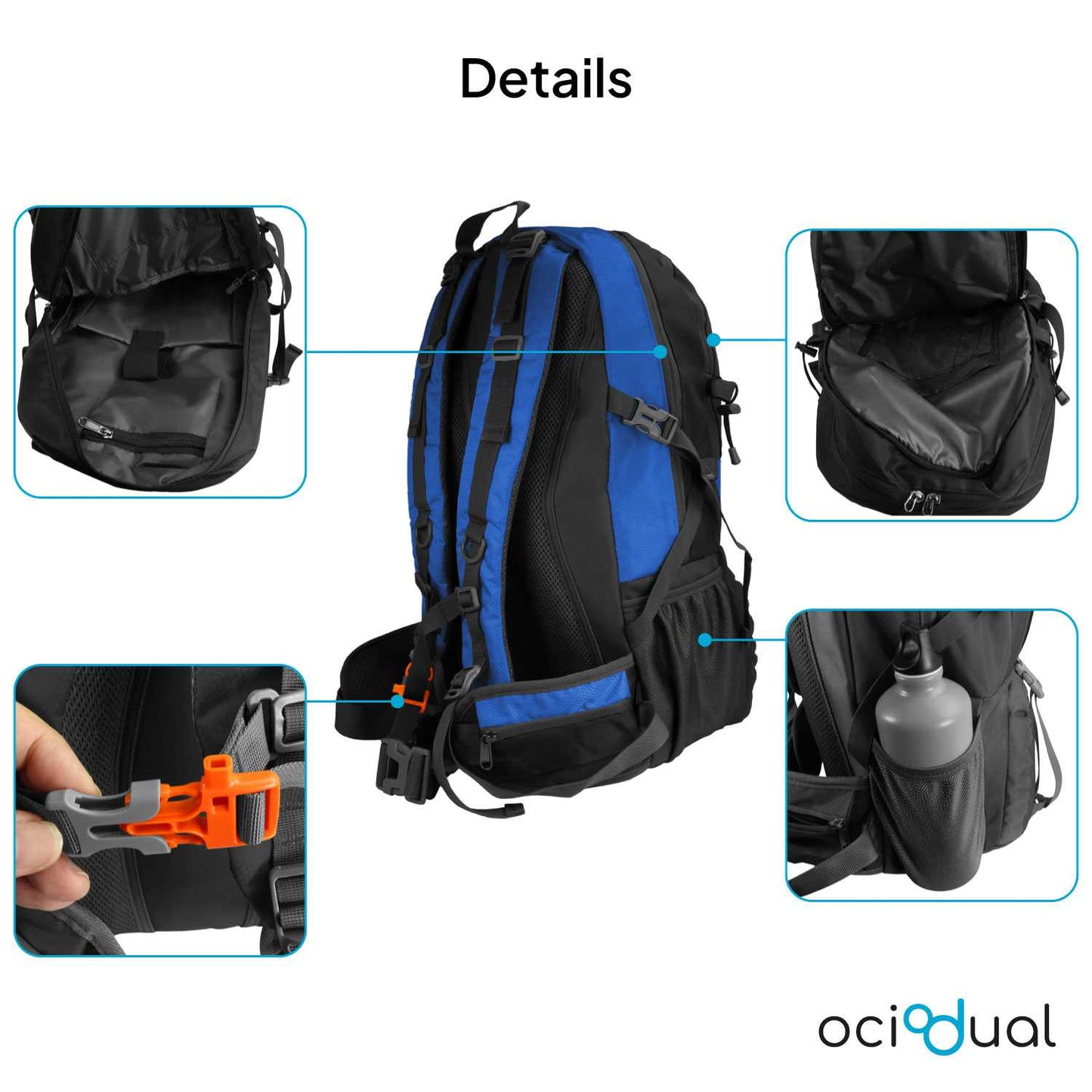 Mochila de Senderismo, 50 Litros, Impermeable y Ligera, Color Azul, Múltiples Bolsillos, ideal para Viaje, Montaña