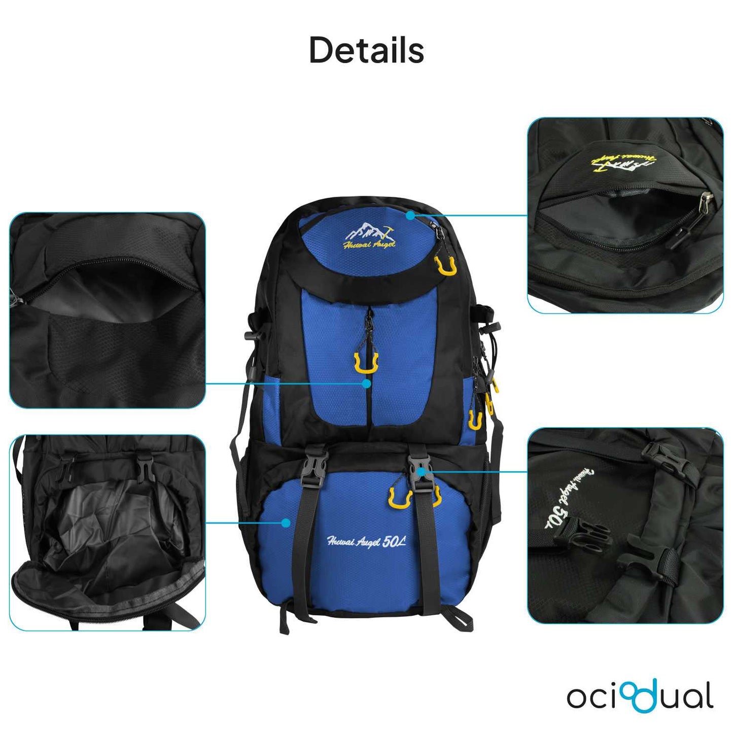 Mochila de Senderismo, 50 Litros, Impermeable y Ligera, Color Azul, Múltiples Bolsillos, ideal para Viaje, Montaña