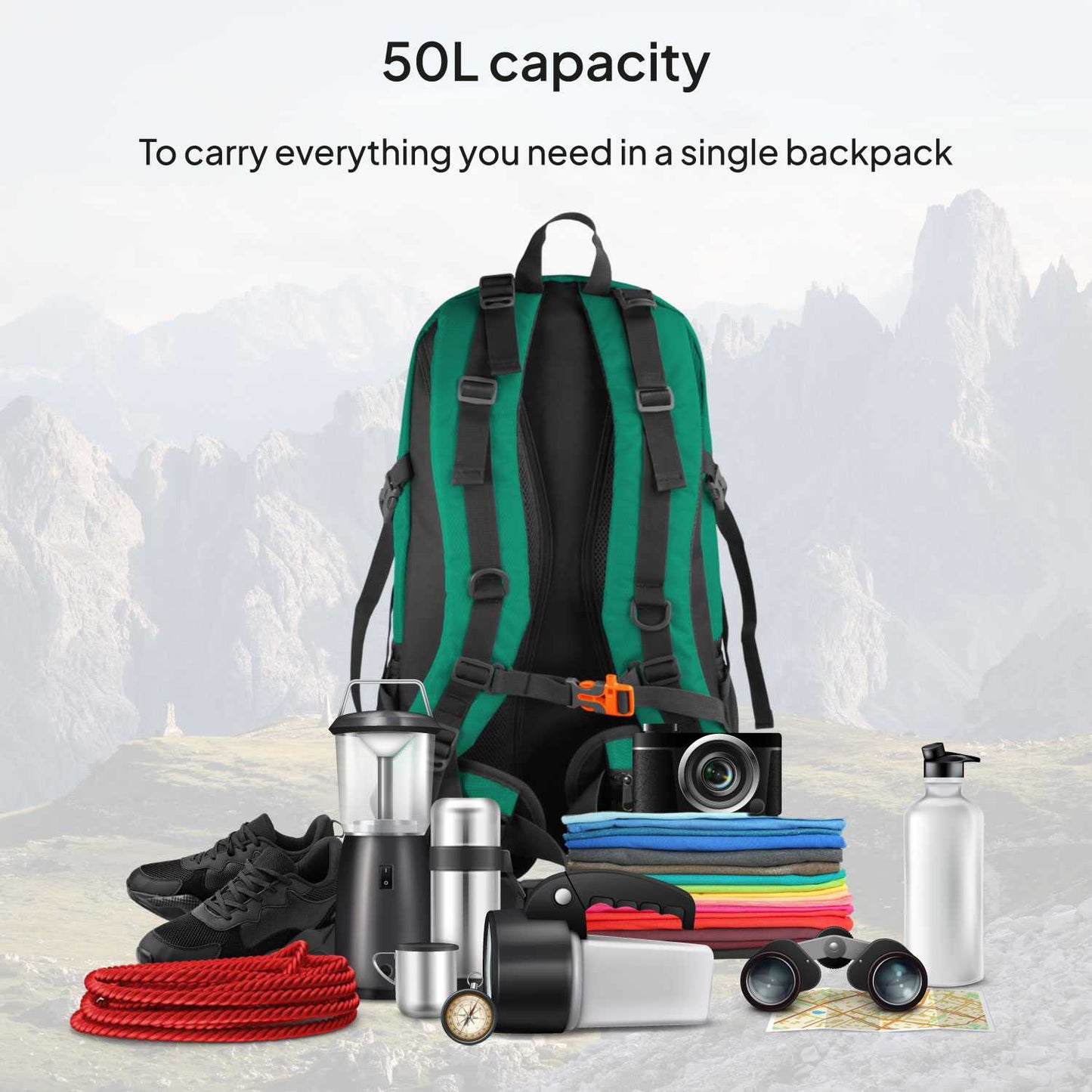 Mochila de Senderismo, 50 Litros, Impermeable y Ligera, Color Turquesa, Múltiples Bolsillos, ideal para Viaje, Montaña