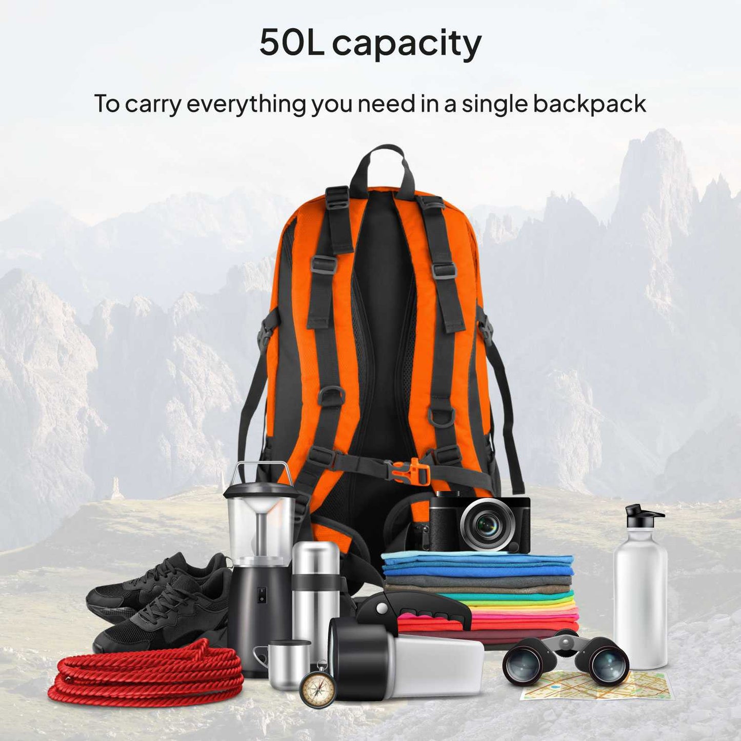 Mochila de Senderismo, 50 Litros, Impermeable y Ligera, Color Naranja, Múltiples Bolsillos, ideal para Viaje, Montaña