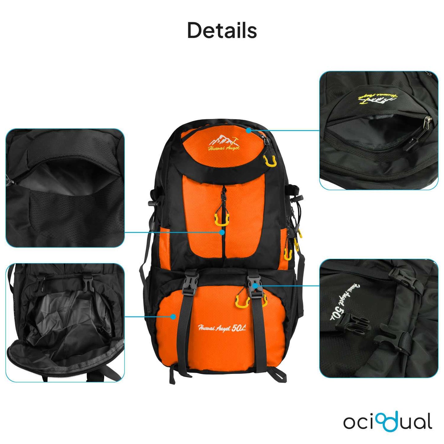 Mochila de Senderismo, 50 Litros, Impermeable y Ligera, Color Naranja, Múltiples Bolsillos, ideal para Viaje, Montaña