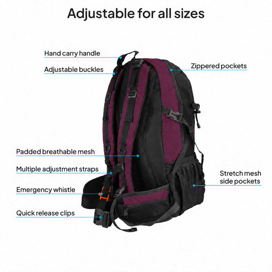 Mochila de Senderismo, 50 Litros, Impermeable y Ligera, Color Purpura, Múltiples Bolsillos, ideal para Viaje, Montaña