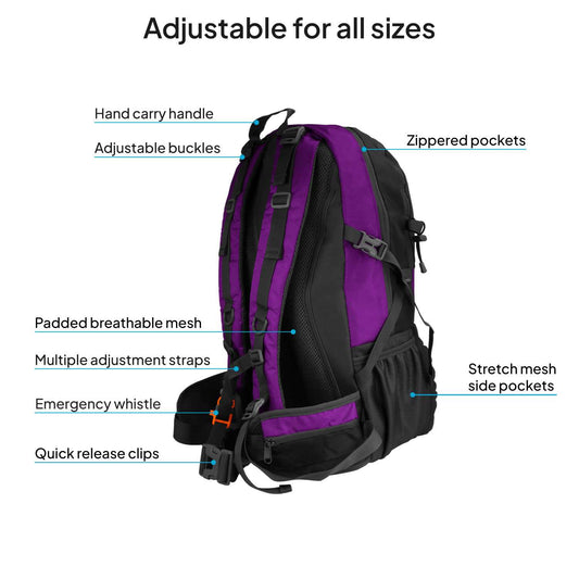 Mochila de Senderismo, 50 Litros, Impermeable y Ligera, Color Purpura, Múltiples Bolsillos, ideal para Viaje, Montaña