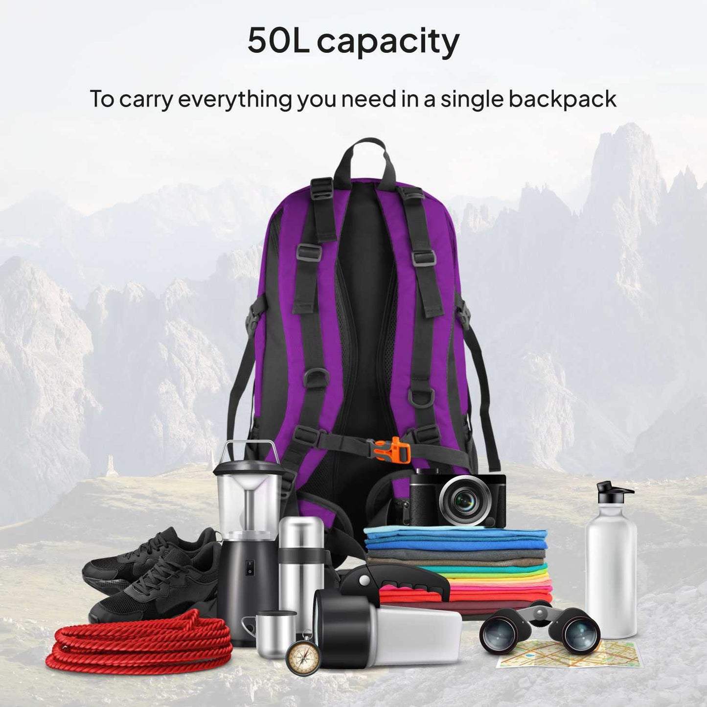 Mochila de Senderismo, 50 Litros, Impermeable y Ligera, Color Purpura, Múltiples Bolsillos, ideal para Viaje, Montaña