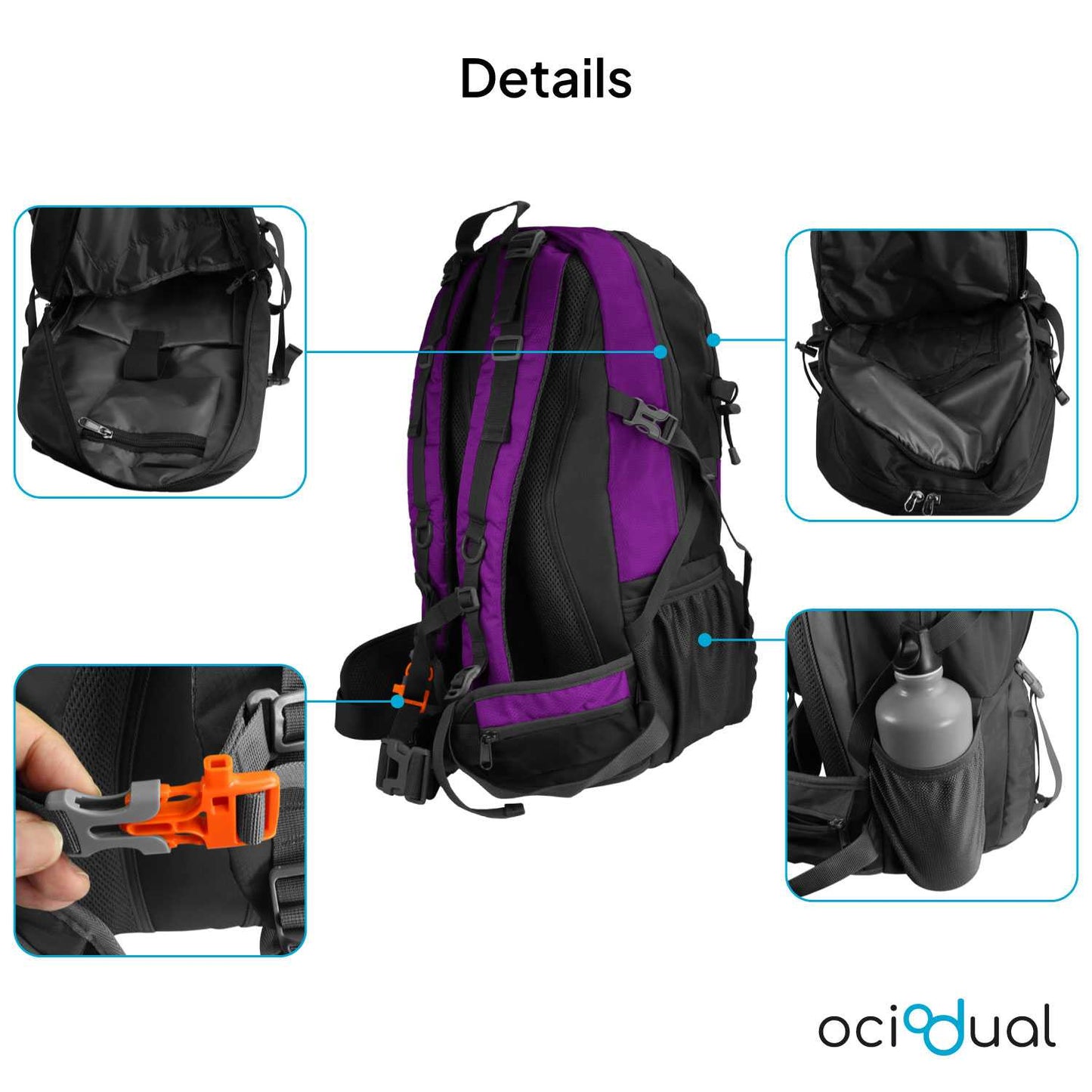 Mochila de Senderismo, 50 Litros, Impermeable y Ligera, Color Purpura, Múltiples Bolsillos, ideal para Viaje, Montaña