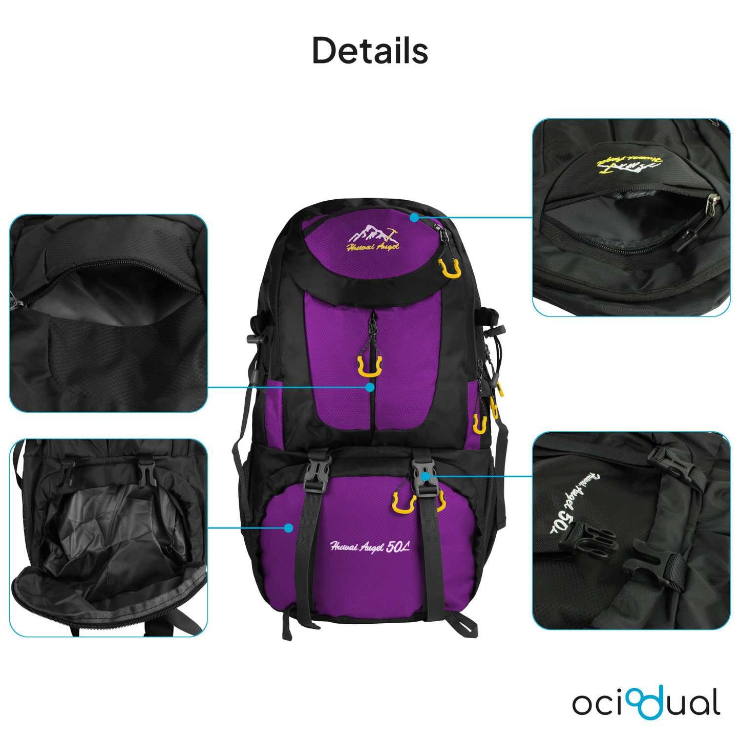 Mochila de Senderismo, 50 Litros, Impermeable y Ligera, Color Purpura, Múltiples Bolsillos, ideal para Viaje, Montaña
