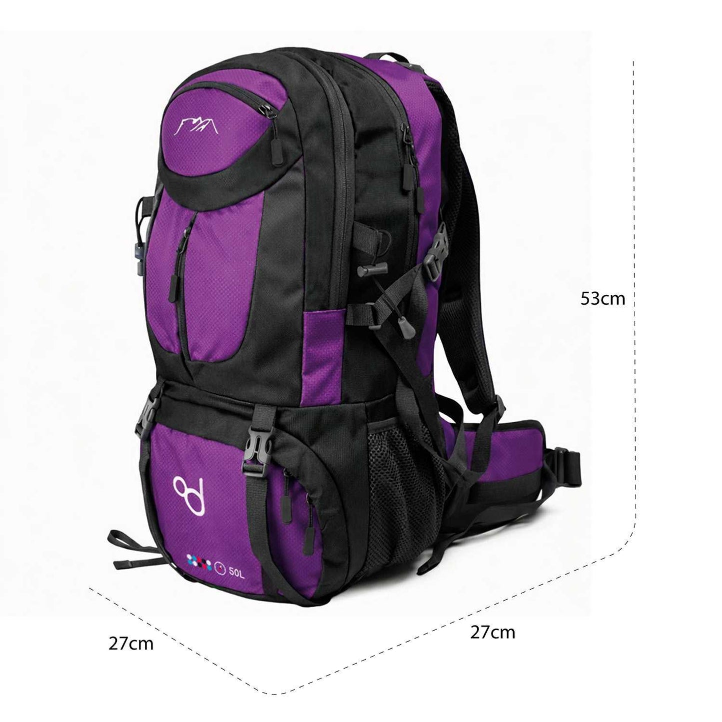 Mochila de Senderismo, 50 Litros, Impermeable y Ligera, Color Purpura, Múltiples Bolsillos, ideal para Viaje, Montaña
