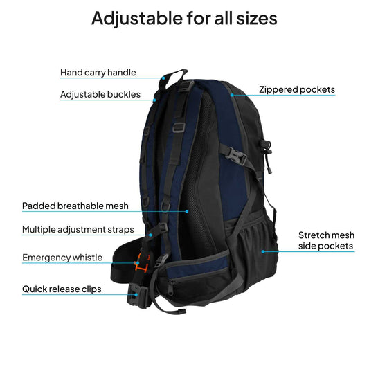 Mochila de Senderismo, 50 Litros, Impermeable y Ligera, Color Azul Oscuro, Múltiples Bolsillos, ideal para Viaje, Montaña