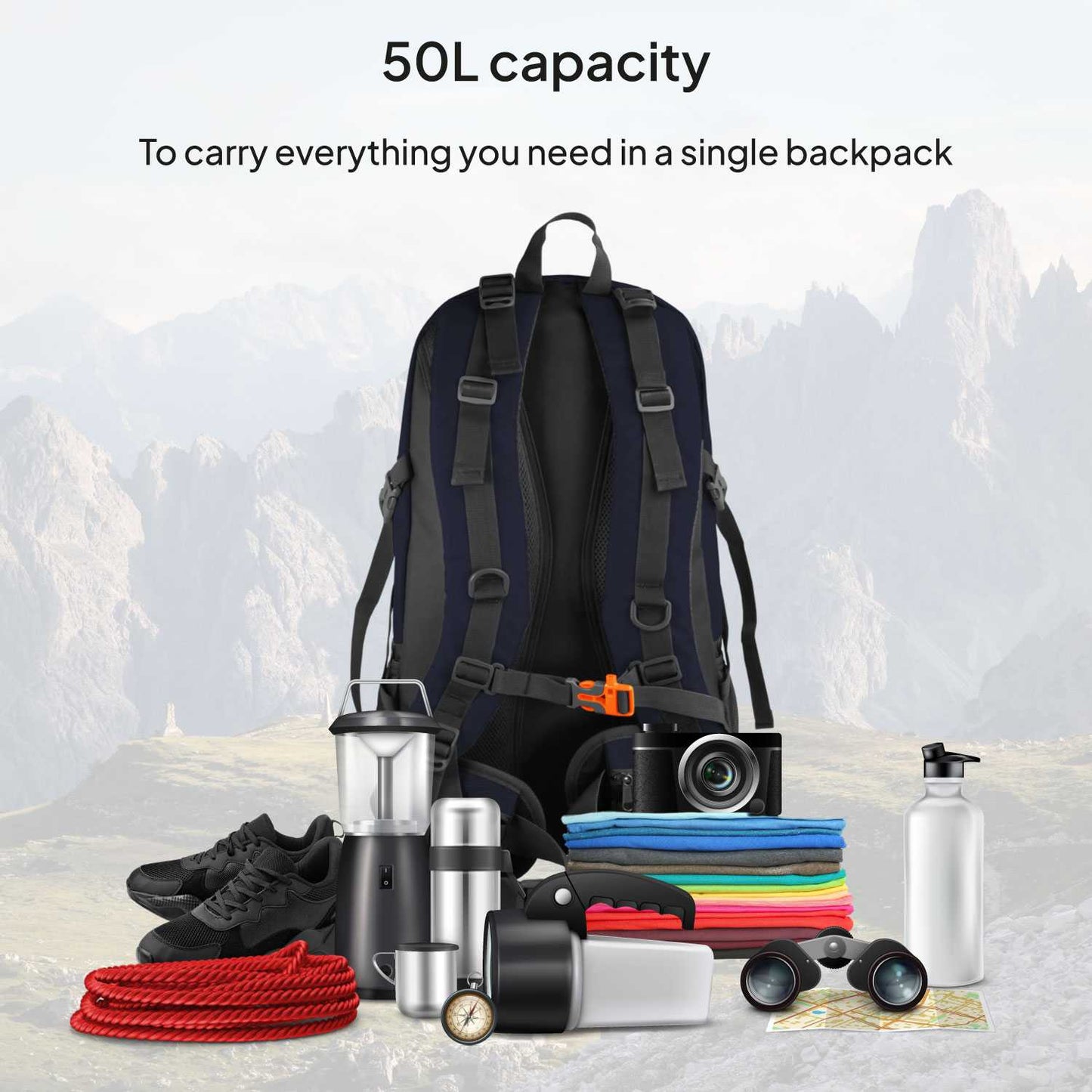 Mochila de Senderismo, 50 Litros, Impermeable y Ligera, Color Azul Oscuro, Múltiples Bolsillos, ideal para Viaje, Montaña