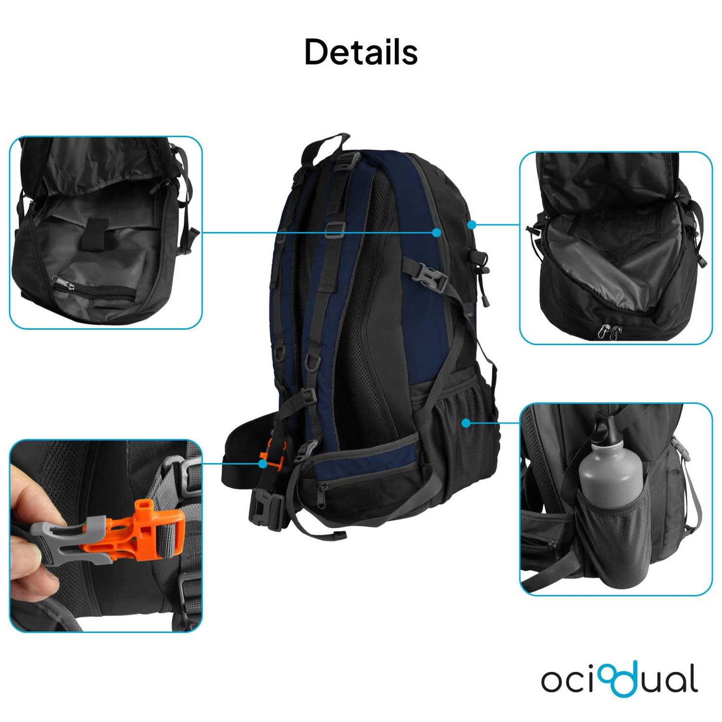 Mochila de Senderismo, 50 Litros, Impermeable y Ligera, Color Azul Oscuro, Múltiples Bolsillos, ideal para Viaje, Montaña