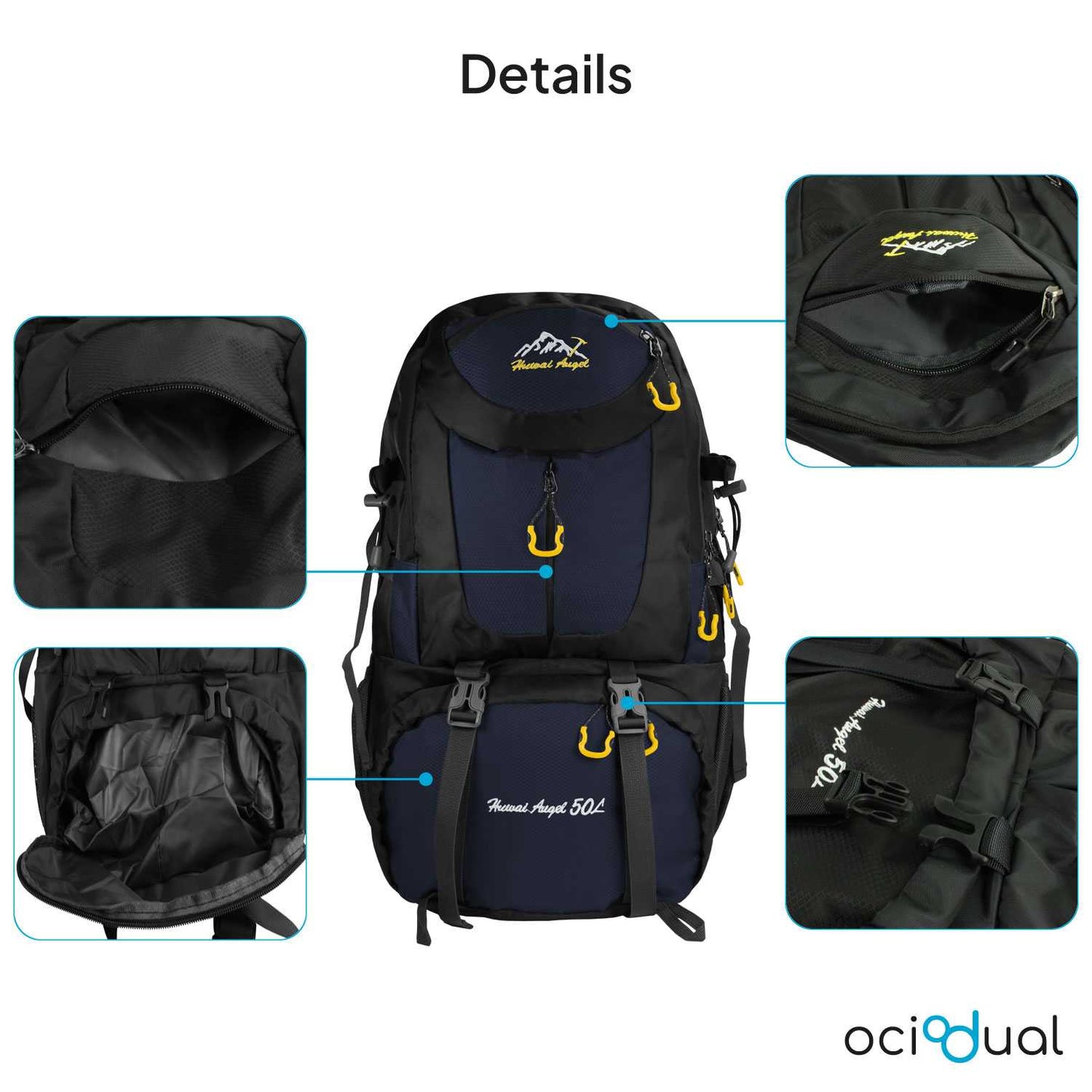 Mochila de Senderismo, 50 Litros, Impermeable y Ligera, Color Azul Oscuro, Múltiples Bolsillos, ideal para Viaje, Montaña