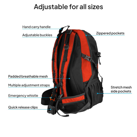Mochila de Senderismo, 50 Litros, Impermeable y Ligera, Color Rojo, Múltiples Bolsillos, ideal para Viaje, Montaña