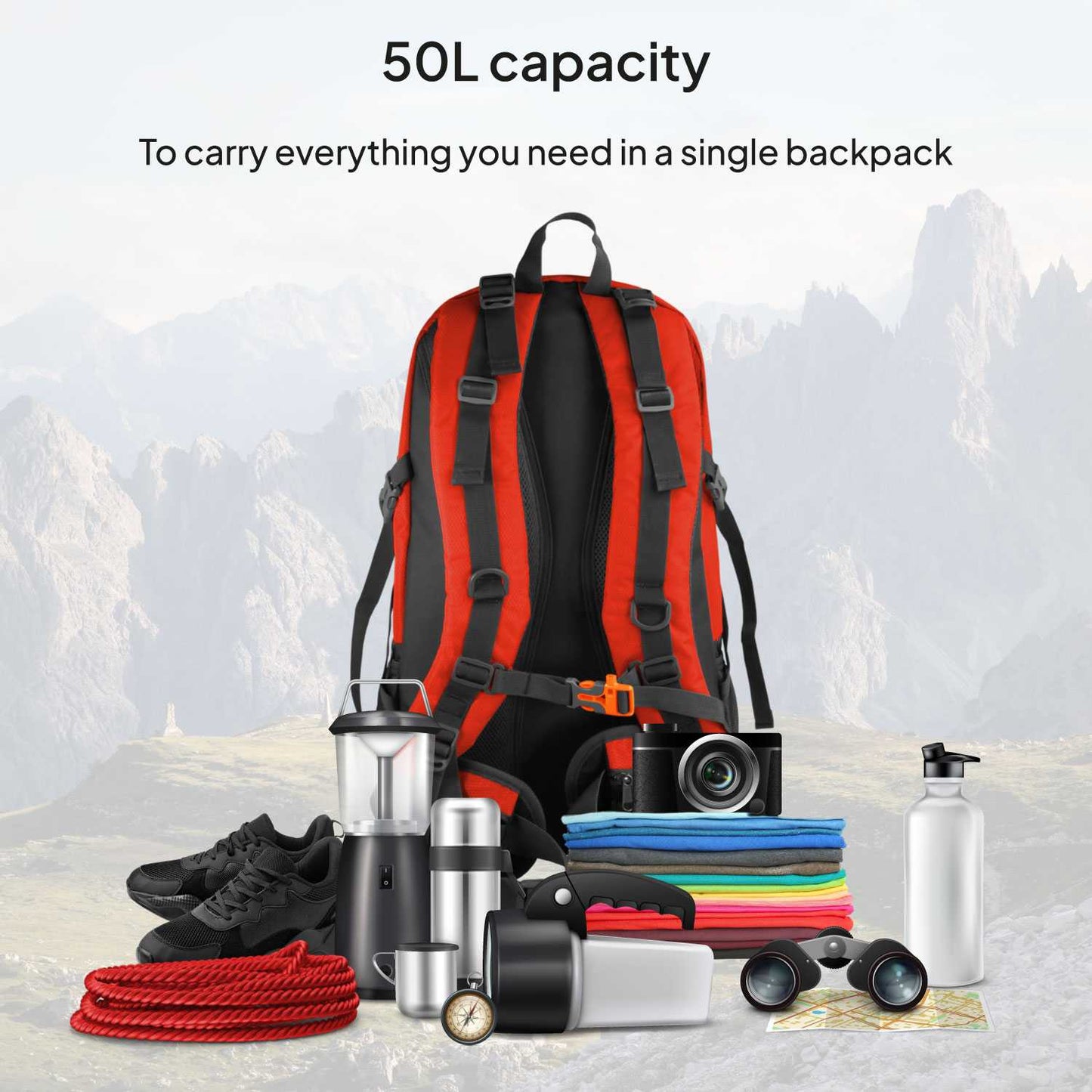 Mochila de Senderismo, 50 Litros, Impermeable y Ligera, Color Rojo, Múltiples Bolsillos, ideal para Viaje, Montaña