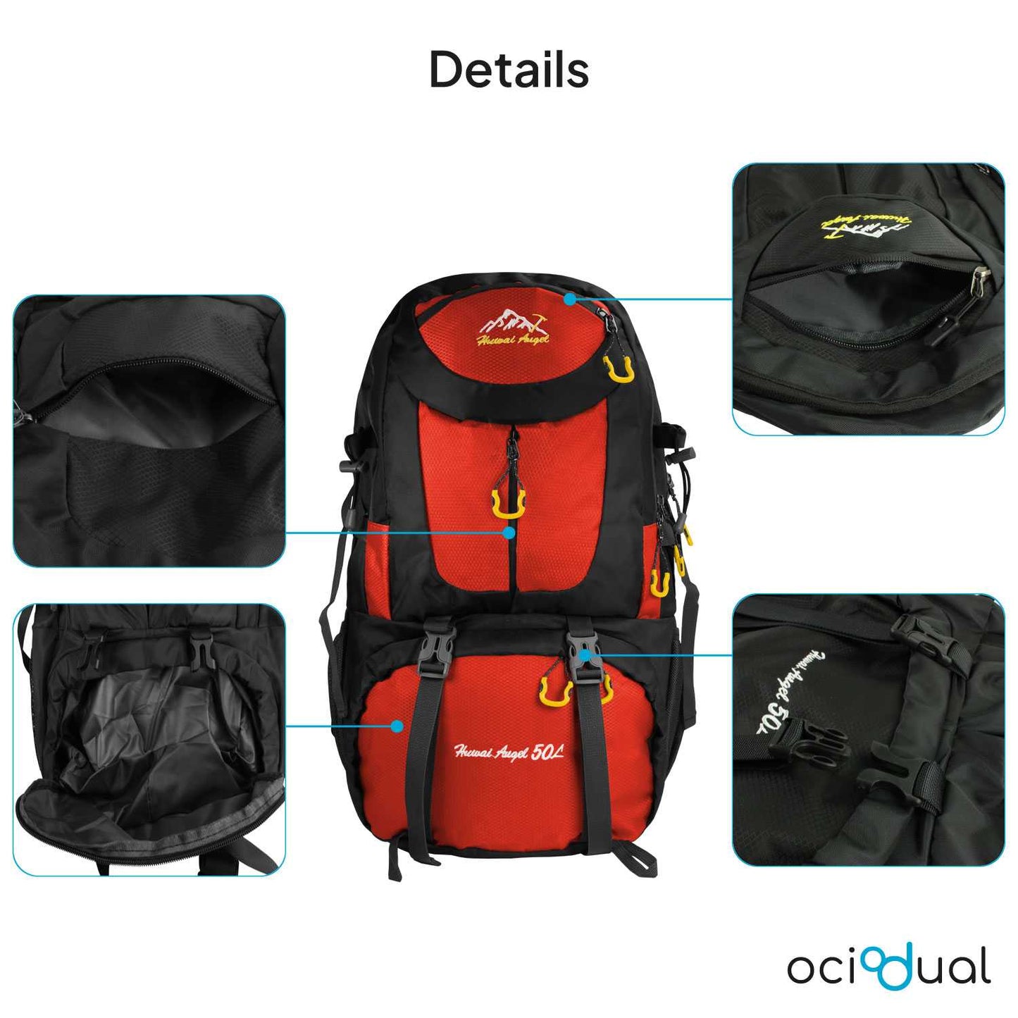 Mochila de Senderismo, 50 Litros, Impermeable y Ligera, Color Rojo, Múltiples Bolsillos, ideal para Viaje, Montaña