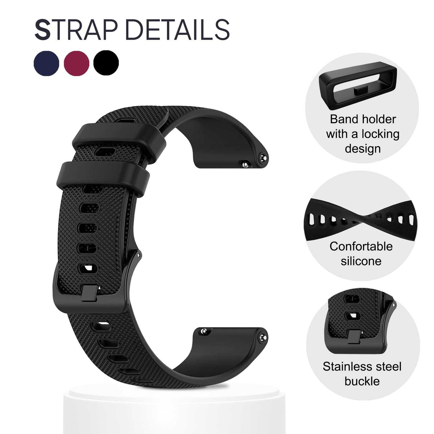 Pack de 3 Correas de Silicona para Reloj,20mm, Smartwatch con liberación rápida, Compatible con Amazfit, Garmin, Samsung Galaxy Watch, para Hombre y Mujer,Negro/Azul Oscuro/Burdeos