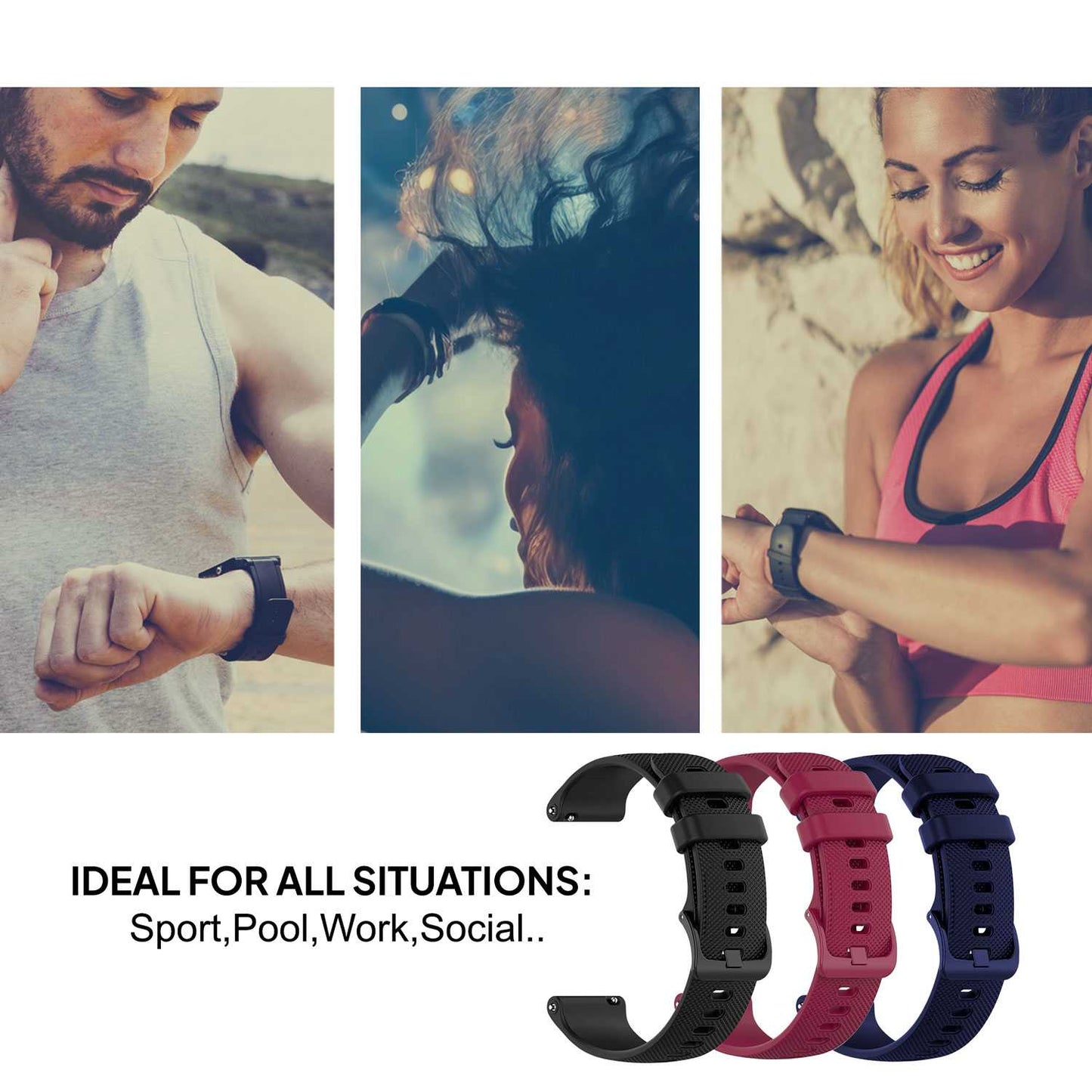 Pack de 3 Correas de Silicona para Reloj,20mm, Smartwatch con liberación rápida, Compatible con Amazfit, Garmin, Samsung Galaxy Watch, para Hombre y Mujer,Negro/Azul Oscuro/Burdeos