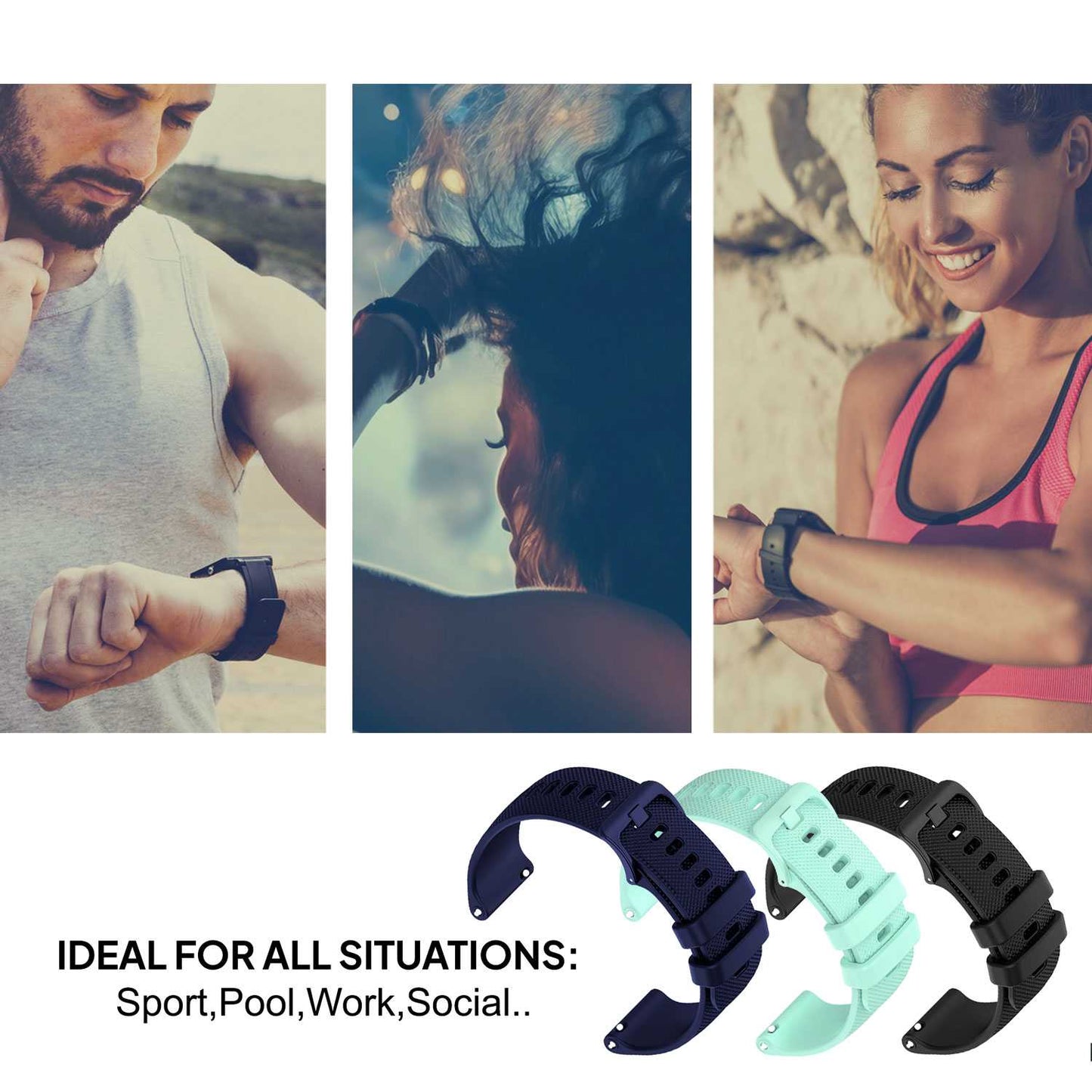 Pack de 3 Correas de Silicona para Reloj,20mm, Smartwatch con liberación rápida, Compatible con Amazfit, Garmin, Samsung Galaxy Watch, para Hombre y Mujer,Azul Oscuro/Negro/Turquesa