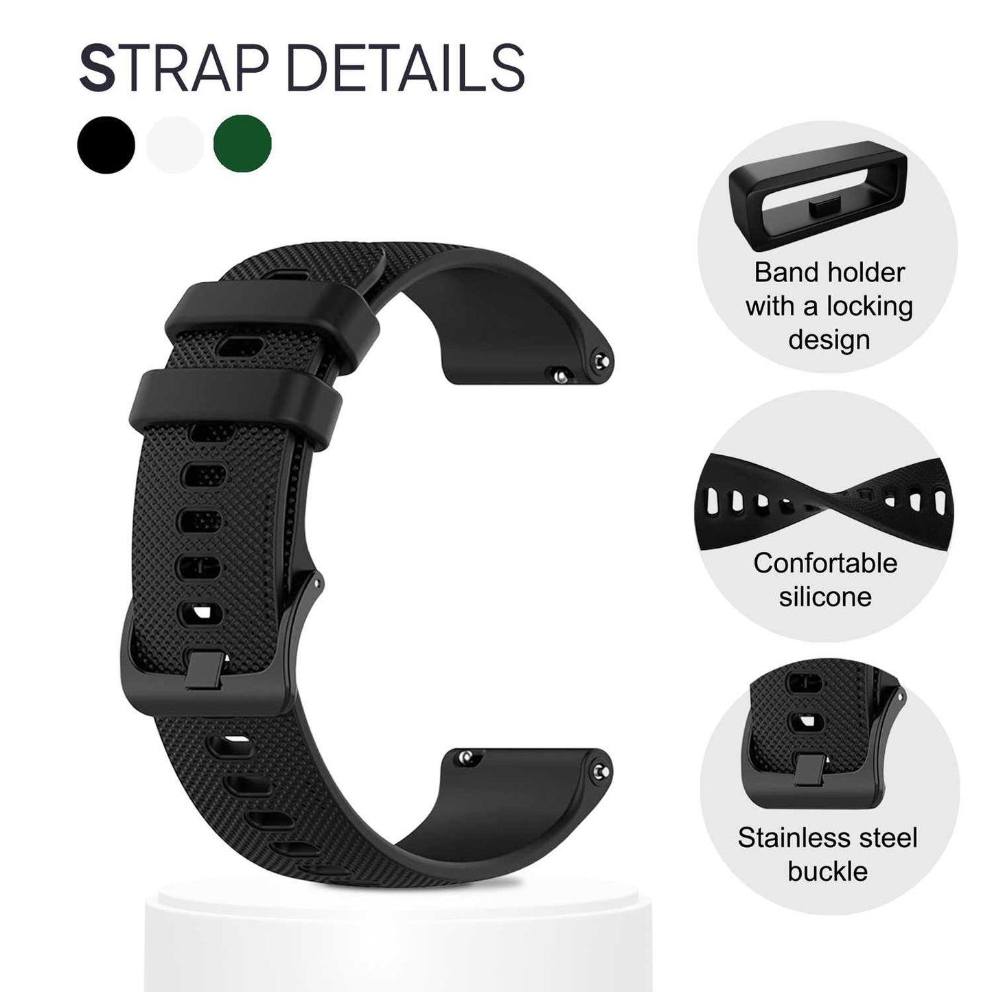Pack de 3 Correas de Silicona para Reloj,22mm, Smartwatch con liberación rápida, Compatible con Amazfit, Garmin, Samsung Galaxy Watch, para Hombre y Mujer,Negro/Blanco/Verde Militar