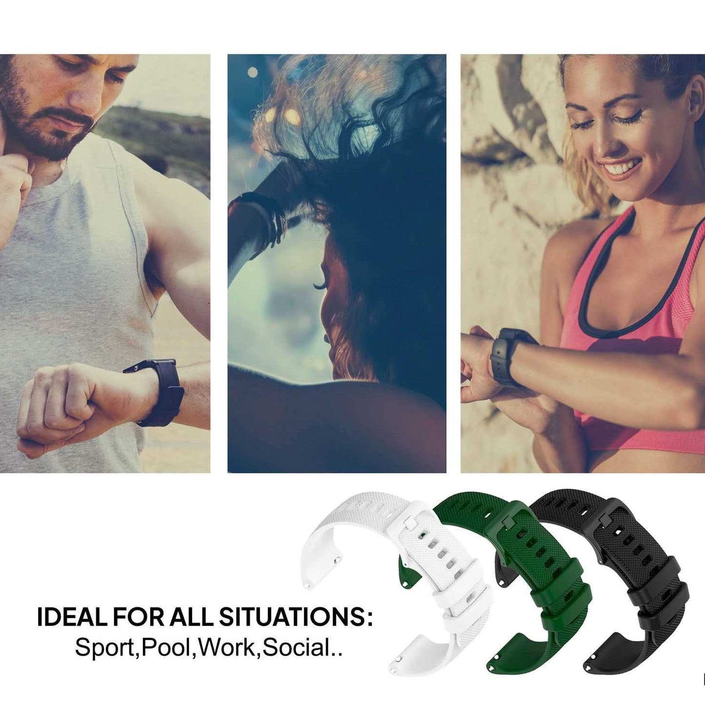 Pack de 3 Correas de Silicona para Reloj,22mm, Smartwatch con liberación rápida, Compatible con Amazfit, Garmin, Samsung Galaxy Watch, para Hombre y Mujer,Negro/Blanco/Verde Militar