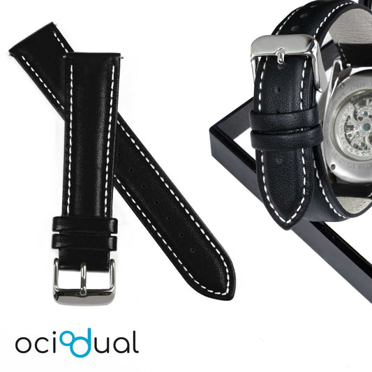 OcioDual Correa Reloj 18mm, Correa Reloj para Recambio, Repuesto Color Negro 18mm, Hilo Blanco, Smartwach Hombre, Smartwach