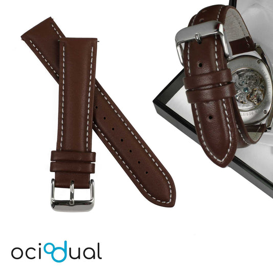 OcioDual Correa Reloj 20mm, Correa Reloj para Recambio, Repuesto Color Marron Oscuro 20mm, Hilo Blanco, Smartwach Hombre,