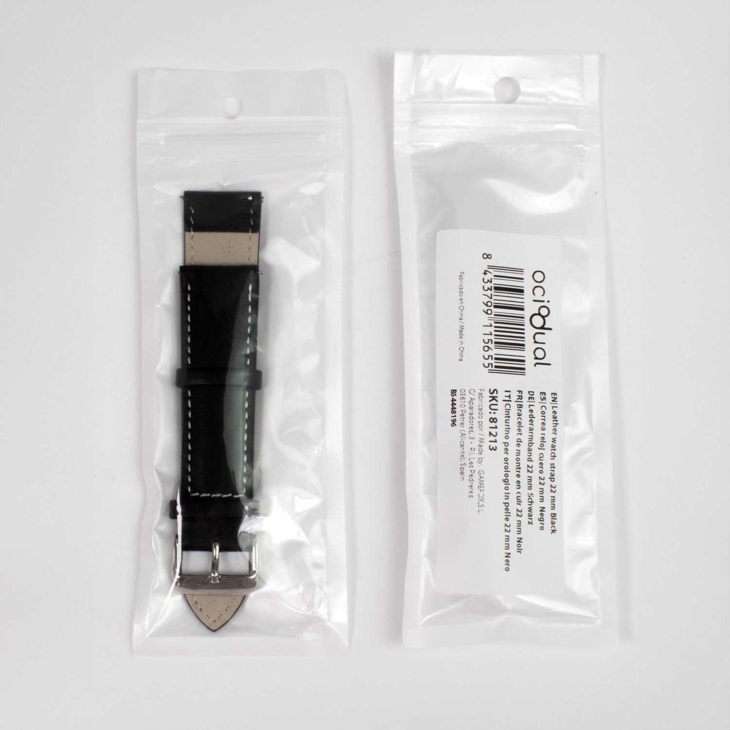 Correa de Cuero Color Negro/Hilo Blanco de 22mm con Hebilla de Plata Inoxidable y Liberación Rápida, Correa de Repuesto