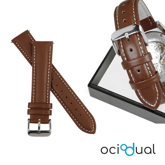 OcioDual Correa Reloj 18mm, Correa Reloj para Recambio, Repuesto Color Marrón 18mm, Hilo Blanco, Smartwach Hombre, Smartwach