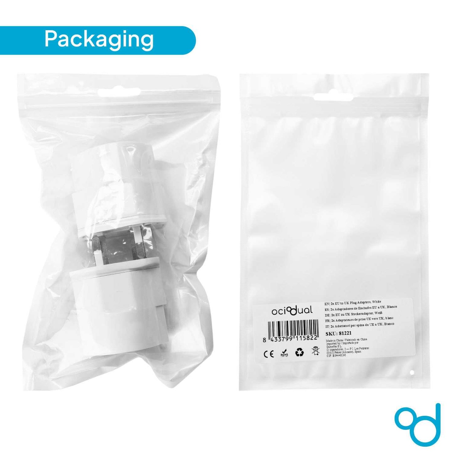 2x Adaptadores de Enchufe EU a UK, Convertidor de 2 Pines a 3 Pines, Tipo C, E y F a Tipo G, Blanco