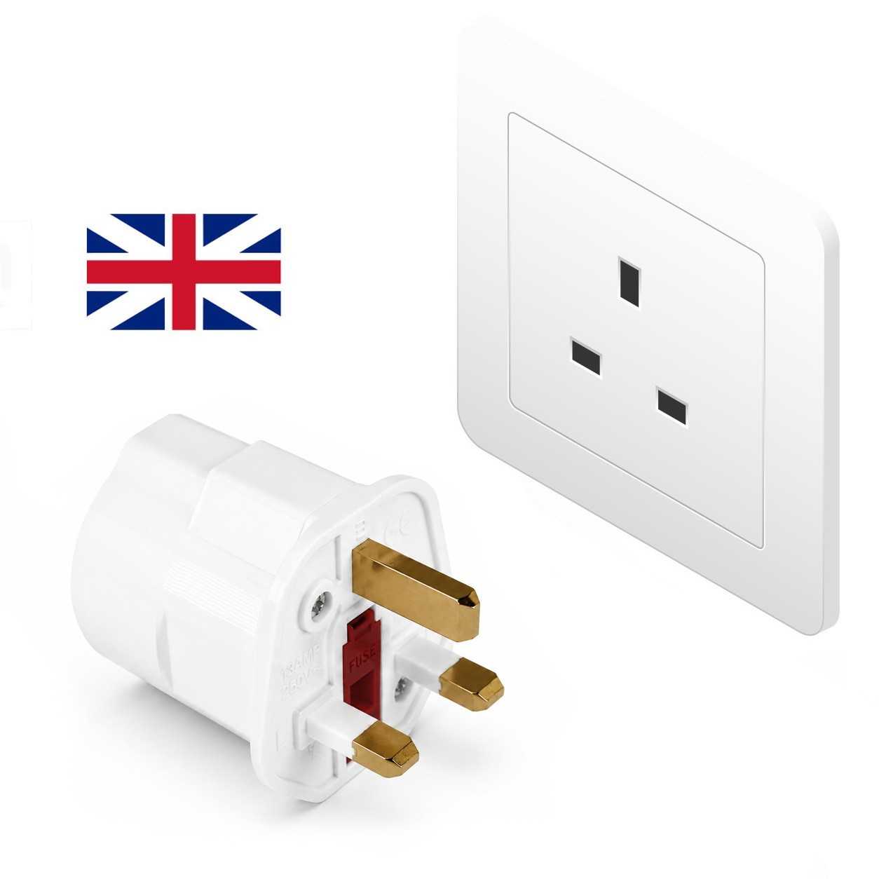 2x Adaptadores de Enchufe EU a UK, Convertidor de 2 Pines a 3 Pines, Tipo C, E y F a Tipo G, Blanco