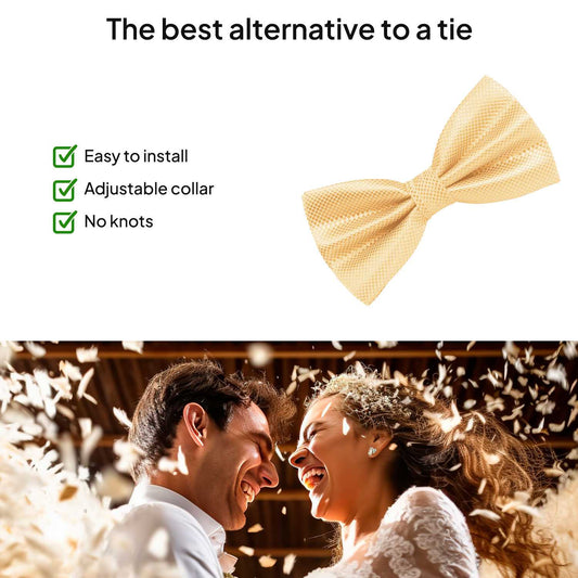 Pajarita Elegante a Cuadros para Hombre de color Oro Diseño Unicolor con Cierre de Gancho Clip Ajustable, 12cm x 6cm, Celebraciones, Fiestas, Trabajo, Bodas y Eventos