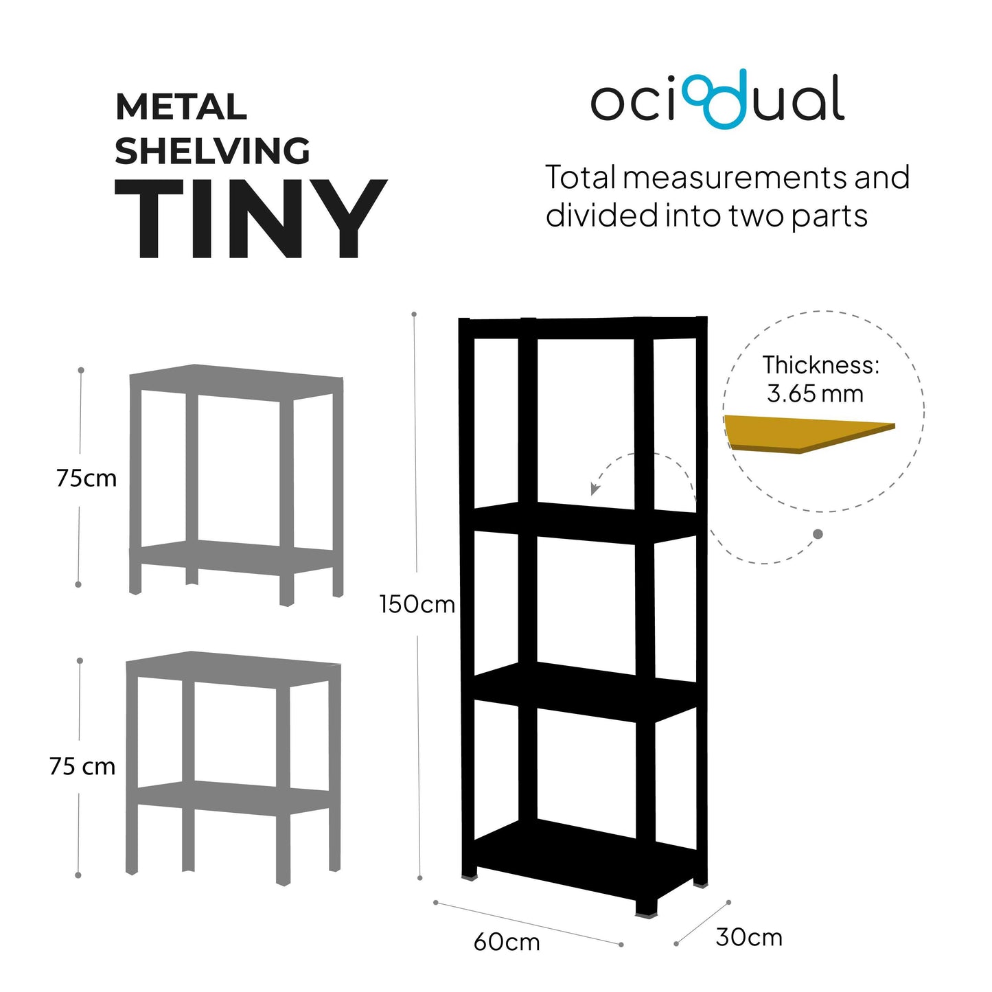 OcioDual Estanteria Metalica Blanca Tiny, Estanteria Almacenaje Trastero, 150x60x30cm, Estante Cocina, Estanterias Almacenaje