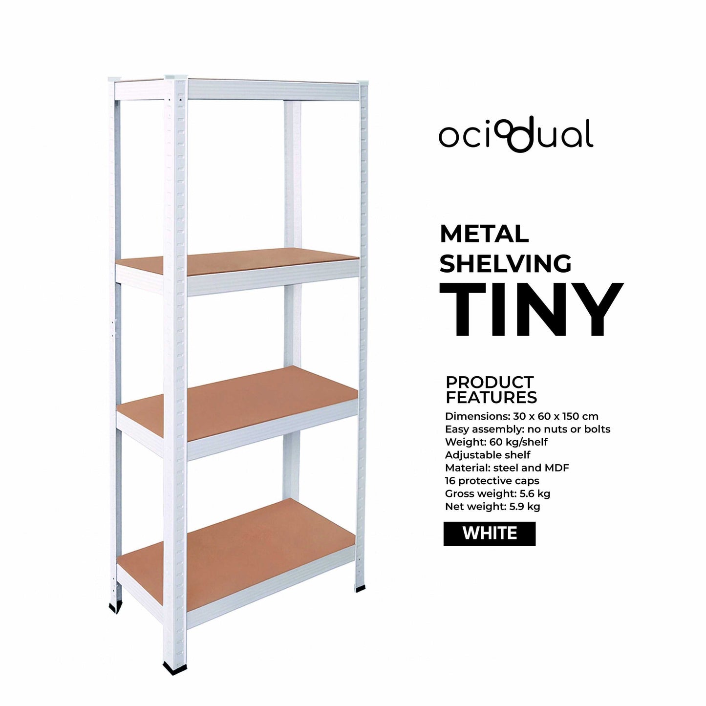 OcioDual Estanteria Metalica Blanca Tiny, Estanteria Almacenaje Trastero, 150x60x30cm, Estante Cocina, Estanterias Almacenaje