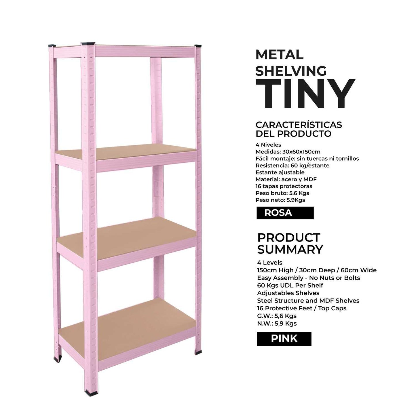 Estanteria Metalica Tiny Rosa, Estante Ideal para Hogar, Estanterias Trastero, Muebles, Oficina, Estanterias Almacenaje