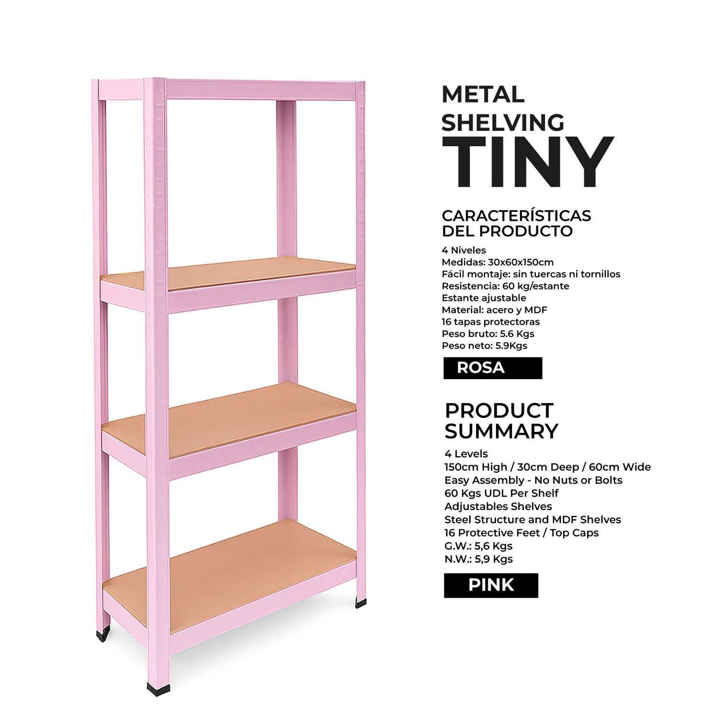 OcioDual Estanteria Metalica Rosa Tiny, Estanteria Almacenaje Trastero, 150x60x30cm, Estante Cocina, Estanterias Almacenaje
