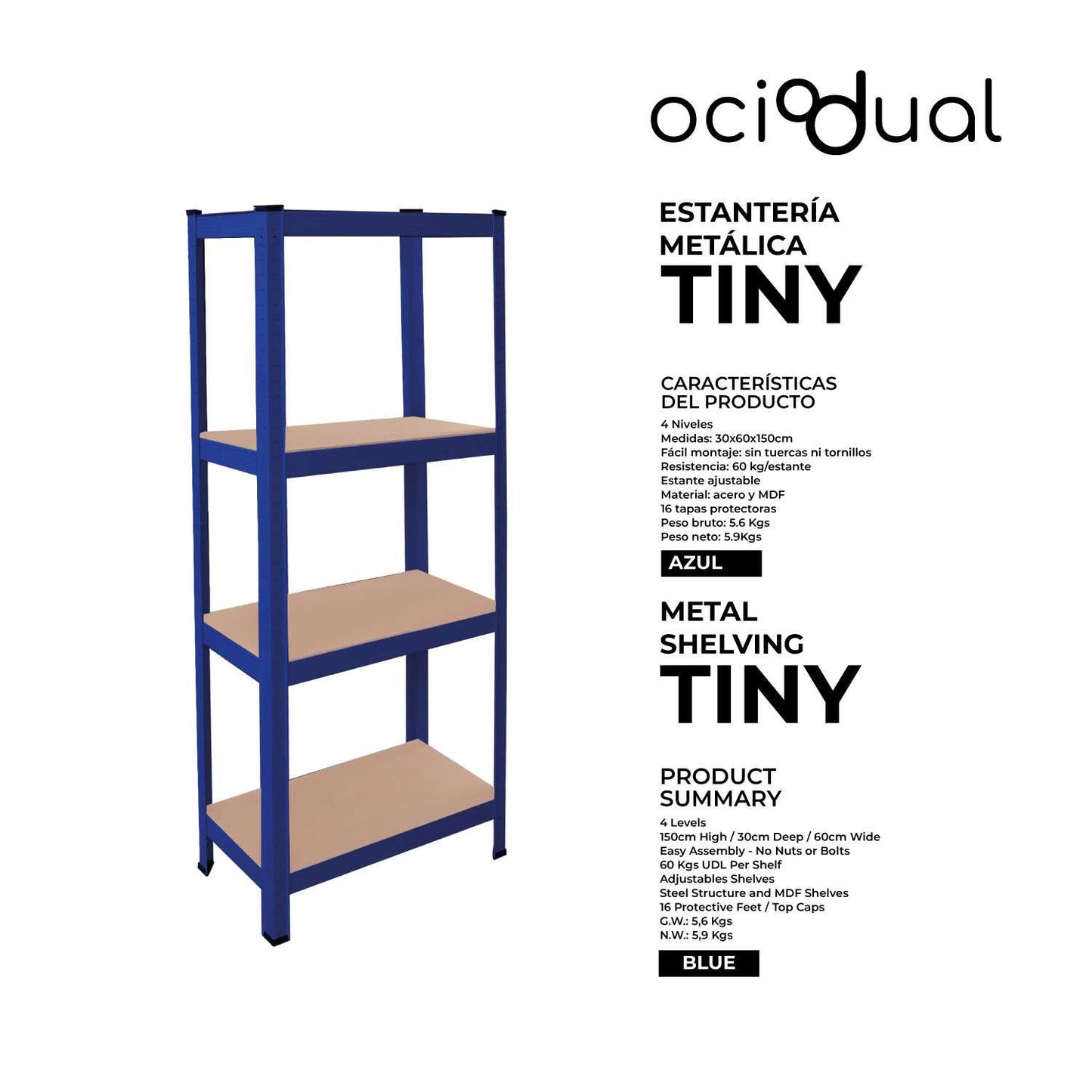 OcioDual Estanteria Metalica Azul Tiny, Estanteria Almacenaje Trastero, 150x60x30cm, Estante Cocina, Estanterias Almacenaje