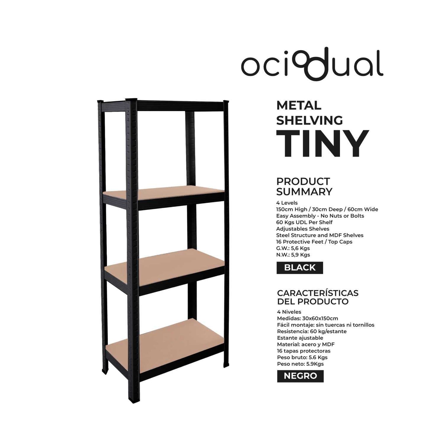 OcioDual Estanteria Metalica Negra Tiny, Estanteria Almacenaje Trastero, 150x60x30cm, Estante Cocina, Estanterias Almacenaje