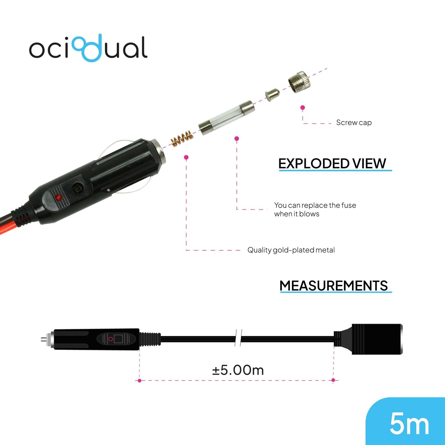 OcioDual Cable Mechero Coche de 5 Metros, Alargador Enchufe 12V, Extensor Mecheros, Accesorios Coche, 12V/24V 15A Cable