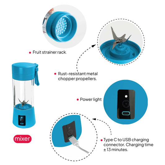 Licuadora Portátil para Smoothies, Milkshakes, Cócteles, Batidos de proteínas, Batidora para Zumos de 380 ML, Recargable USB-C