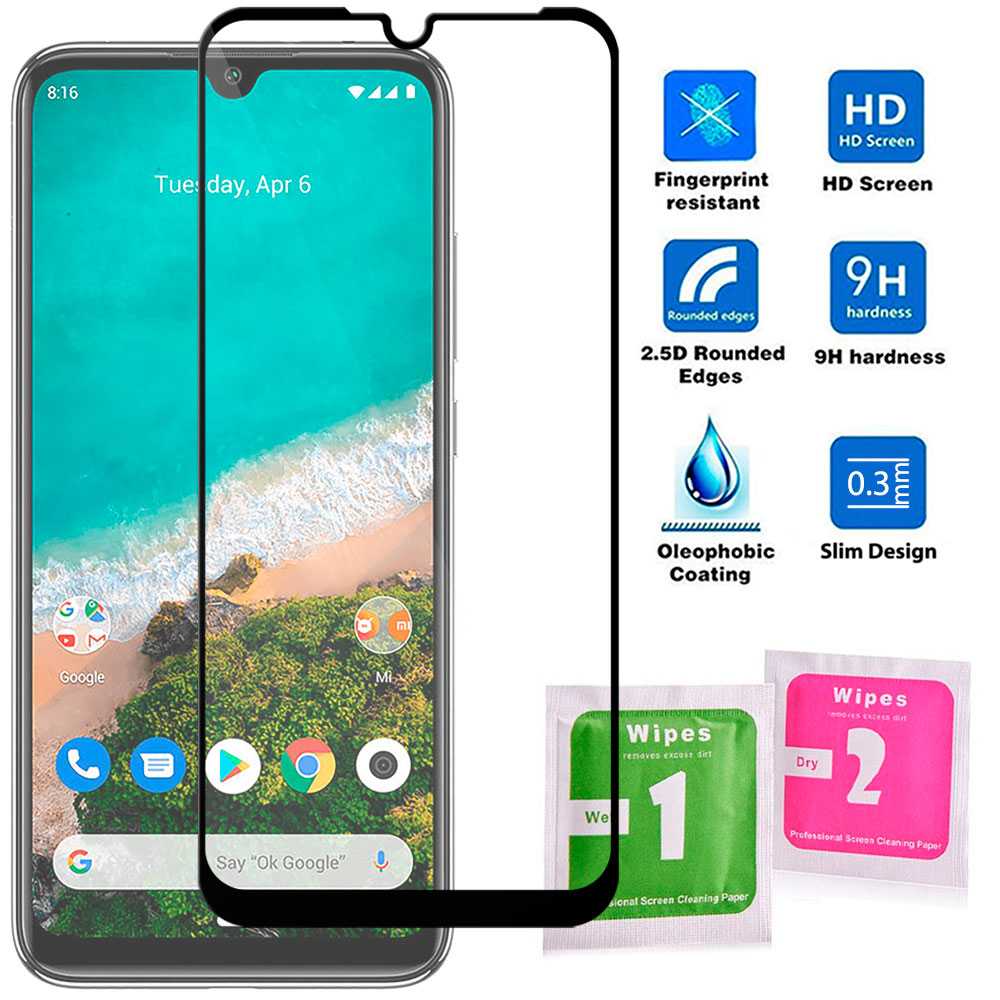Protector de Pantalla para Xiaomi Mi A3 Cristal Templado 9H 2.5D Vidrio Anti Golpes Arañazos Marco Borde Negro