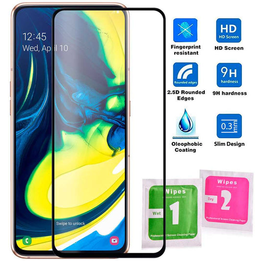 Protector de Pantalla para Samsung Galaxy A80 Cristal Templado 9H Vidrio Anti Golpes Arañazos Marco Borde Negro