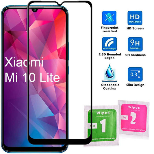Protector de Pantalla para Xiaomi Mi 10 Lite 5G Cristal Templado 9H 9D Vidrio Anti Golpes Arañazos Marco Borde Negro