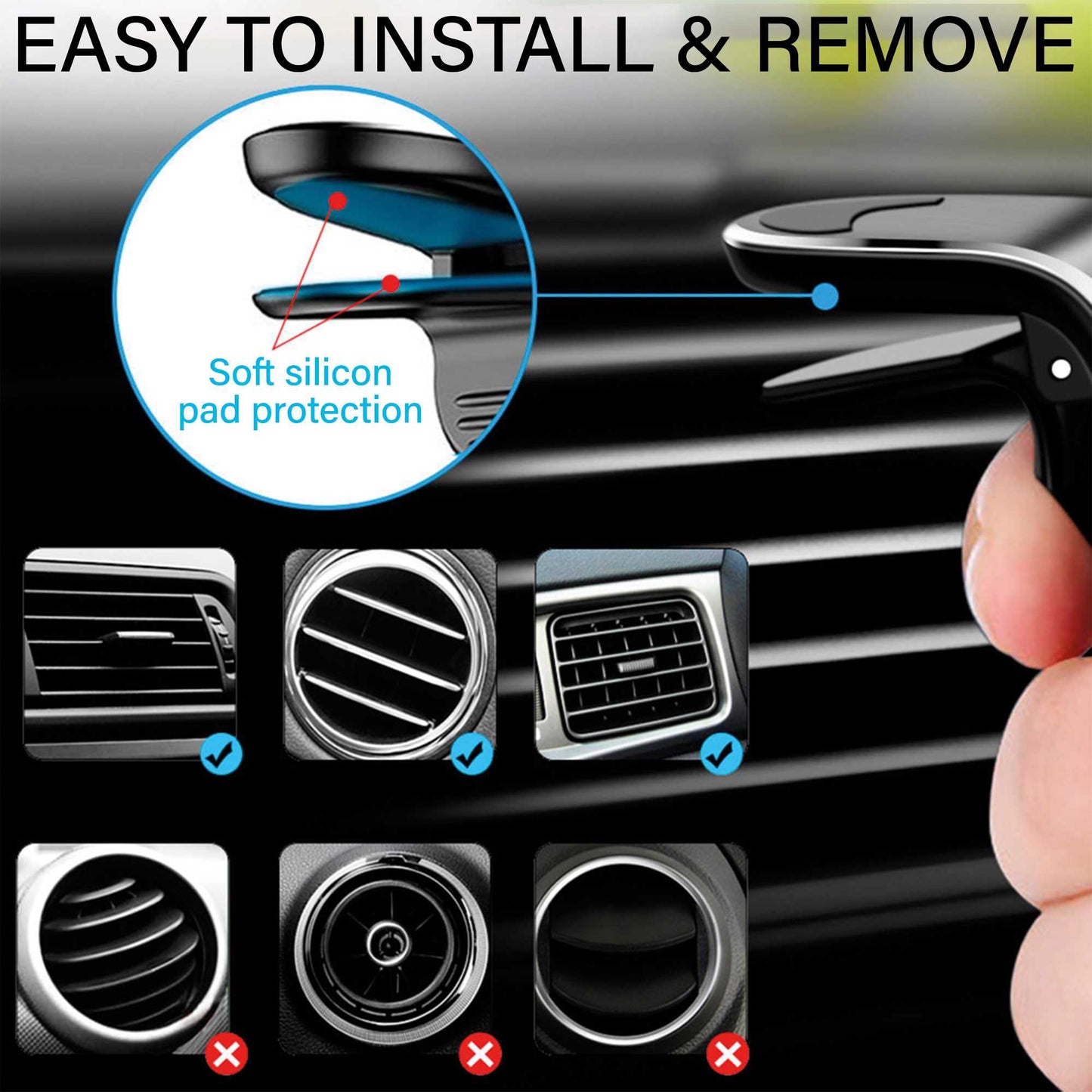 Soporte Rejilla Aire Forma de L Negro para Coche Teléfono Móvil Smartphone Pinza 360 Imán Magnético Ventilación