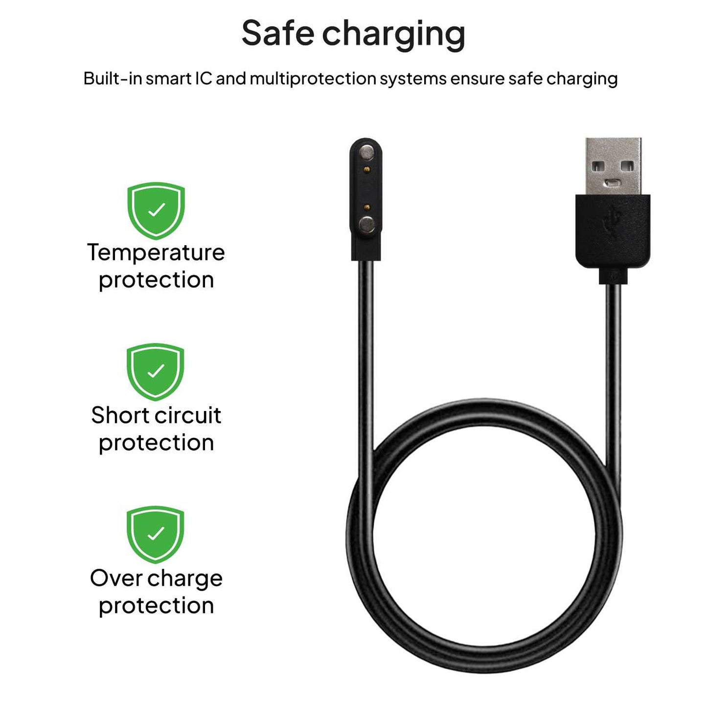 Cable Carga Magnética Negro 2 Pines con Espaciado Separación de 7,62mm para Smartwatch Cargador Magnético USB Dos Imanes Recambio Repuesto Reemplazo Reloj Inteligente