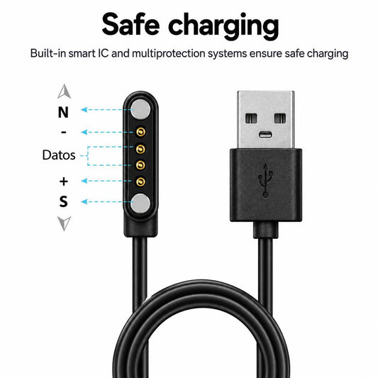 Cable Usb Cargador para Reloj Inteligente Modelo Universal 4 Pines 7,62 mm Base Magnética-Varios modelos smartwatches.Negro