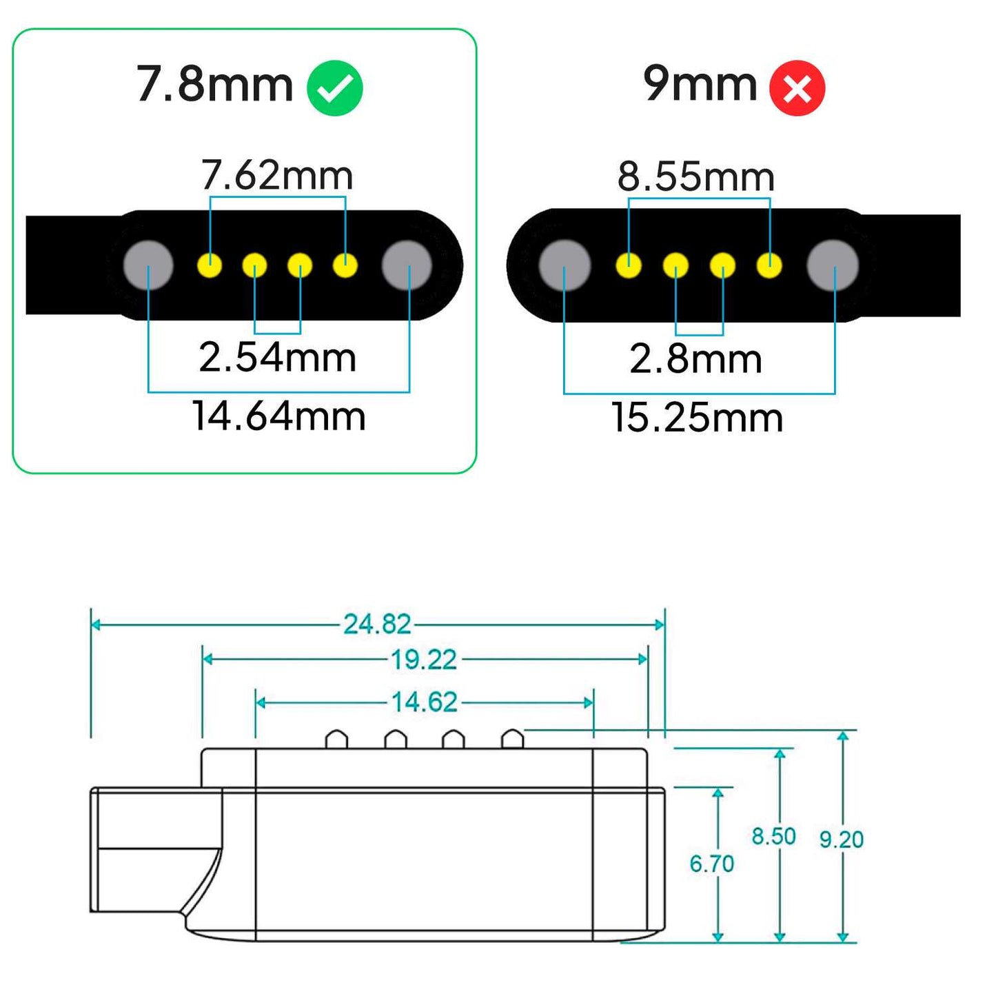 Cable Usb Cargador para Reloj Inteligente Modelo Universal 4 Pines 7,8 mm Base Magnética-Varios modelos smartwatches.Negro