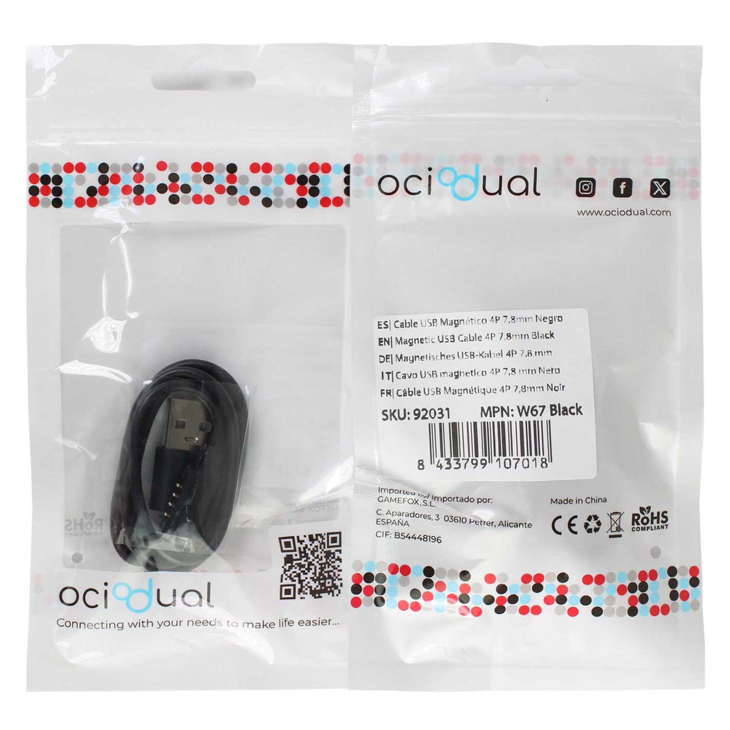 Cable Usb Cargador para Reloj Inteligente Modelo Universal 4 Pines 7,8 mm Base Magnética-Varios modelos smartwatches.Negro