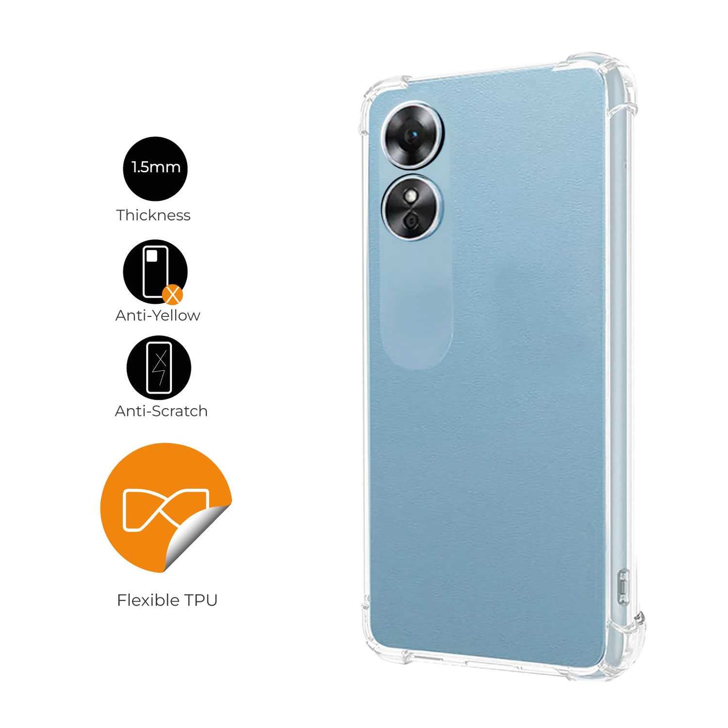 Funda de TPU para OPPO A17, Carcasa Flexible con Esquinas Reforzadas Antigolpes, Protección en Cámaras, Silicona Transparente