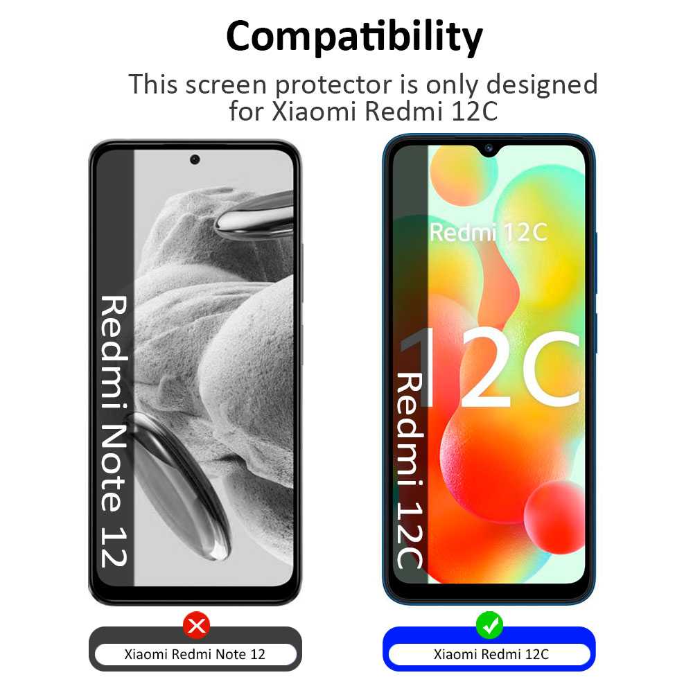 Protector de Pantalla Cristal Templado con Borde Redondo Negro para Xiaomi Redmi 12C, Vidrio Templado Antigolpes 9D 9H 0.3mm Marco