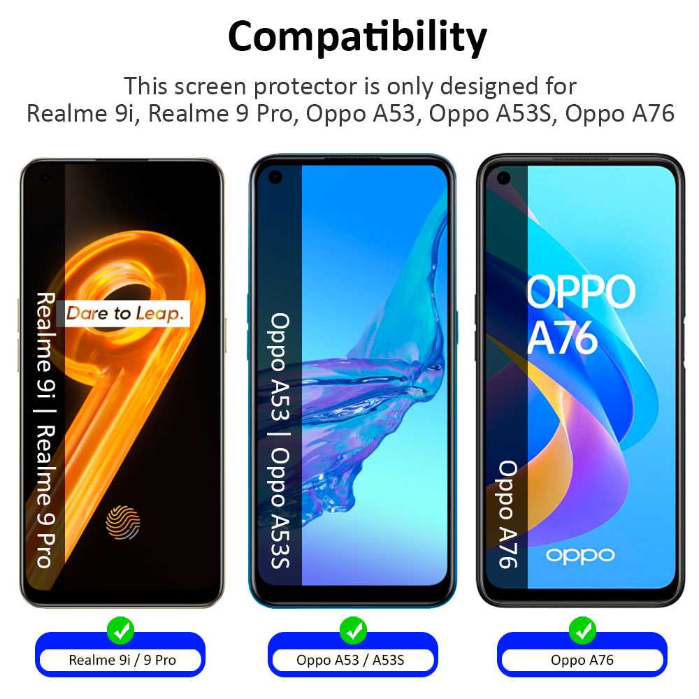 Protector de Pantalla Cristal Templado Premium para Realme 9i/Realme 9 Pro/Oppo A53/Oppo A53S/Oppo A76 Vidrio 9H 2.5D Anti Golpes Arañazos 0.3mm